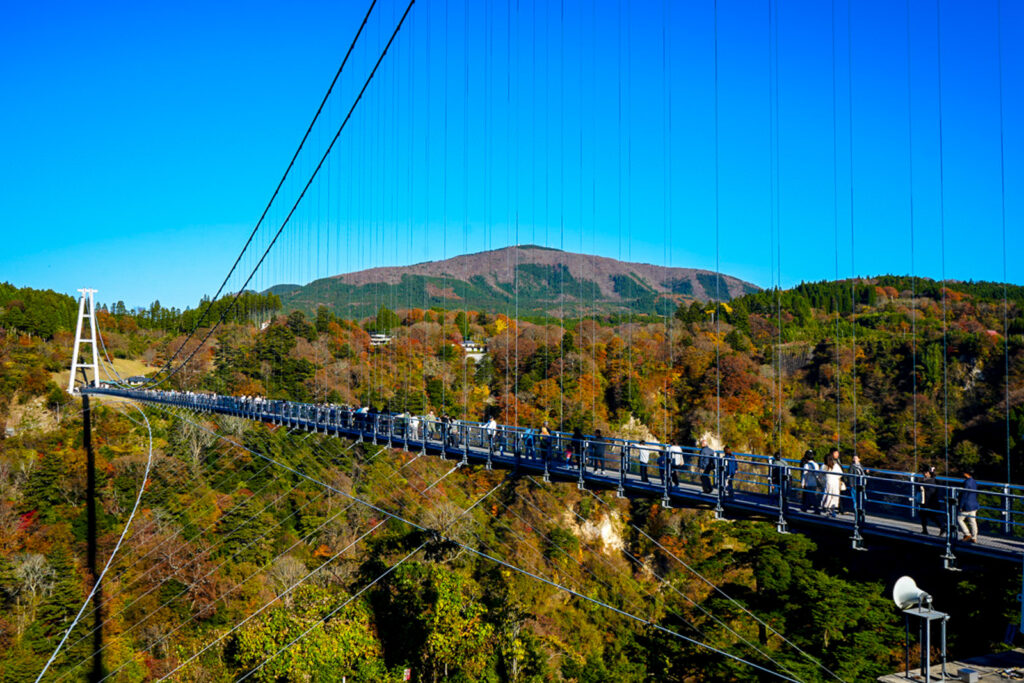 紅葉の山を背景に観光客が渡る九重夢大吊橋の全景