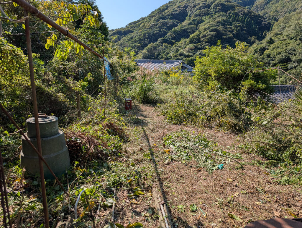 草刈り直後の畑・左に古い容器と錆びた鉄骨