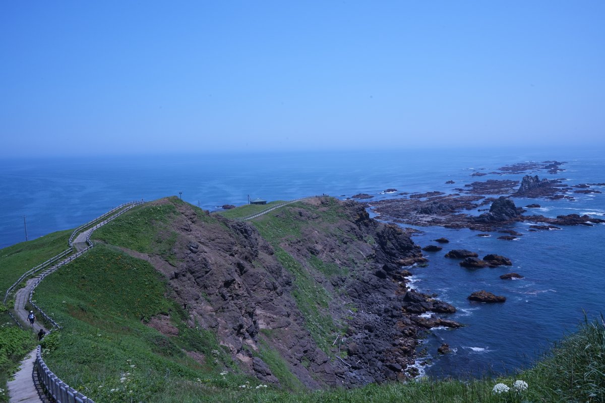 北海道の岬の断崖沿いに続く木製遊歩道と、岩礁が点在する青い海の絶景